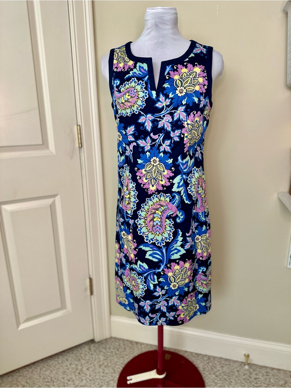 Talbots Navy Blue Paisley Floral Split-Neck Shift Dress size 4